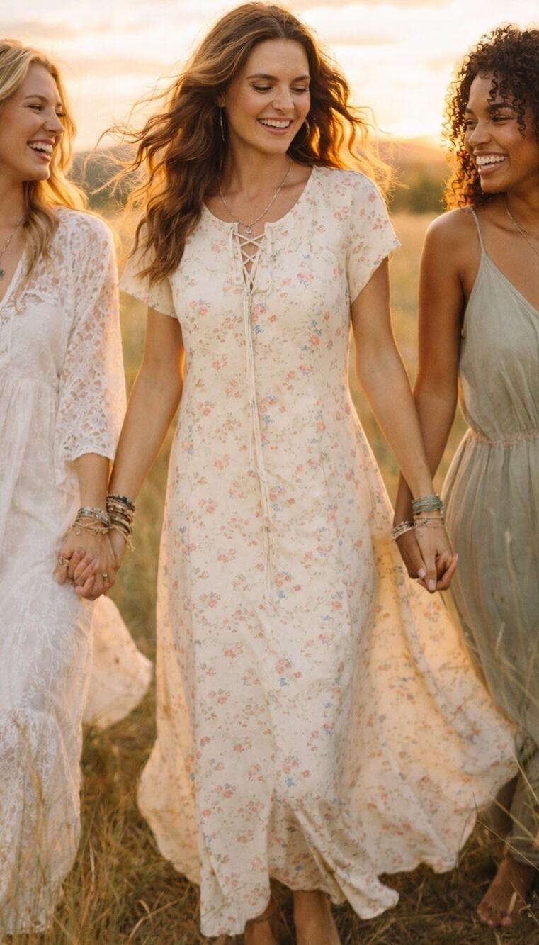 Vintage Moda INTL Dress Women’s Sz 6 Muted Floral Prairie Cottagecore Lace Up